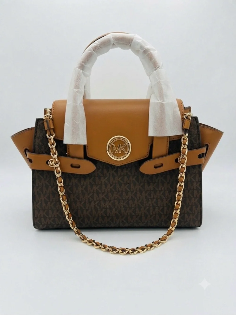 Michael Kors Brown and Tan Logo Satchel with Gold Chain